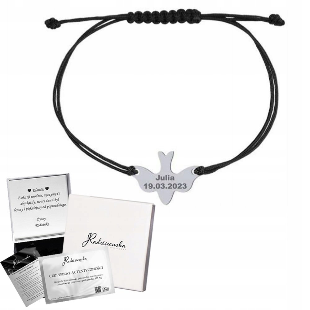 Bransoletka Srebrna Gołębica Duch Święty 925 Sznurek Prezent GRAWER GRATIS