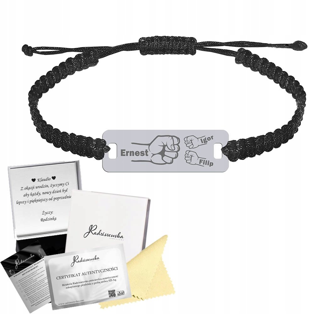 Bransoleta Srebrna dla Taty z Grawerem Tata Dzieci 925 Sznurek Prezent