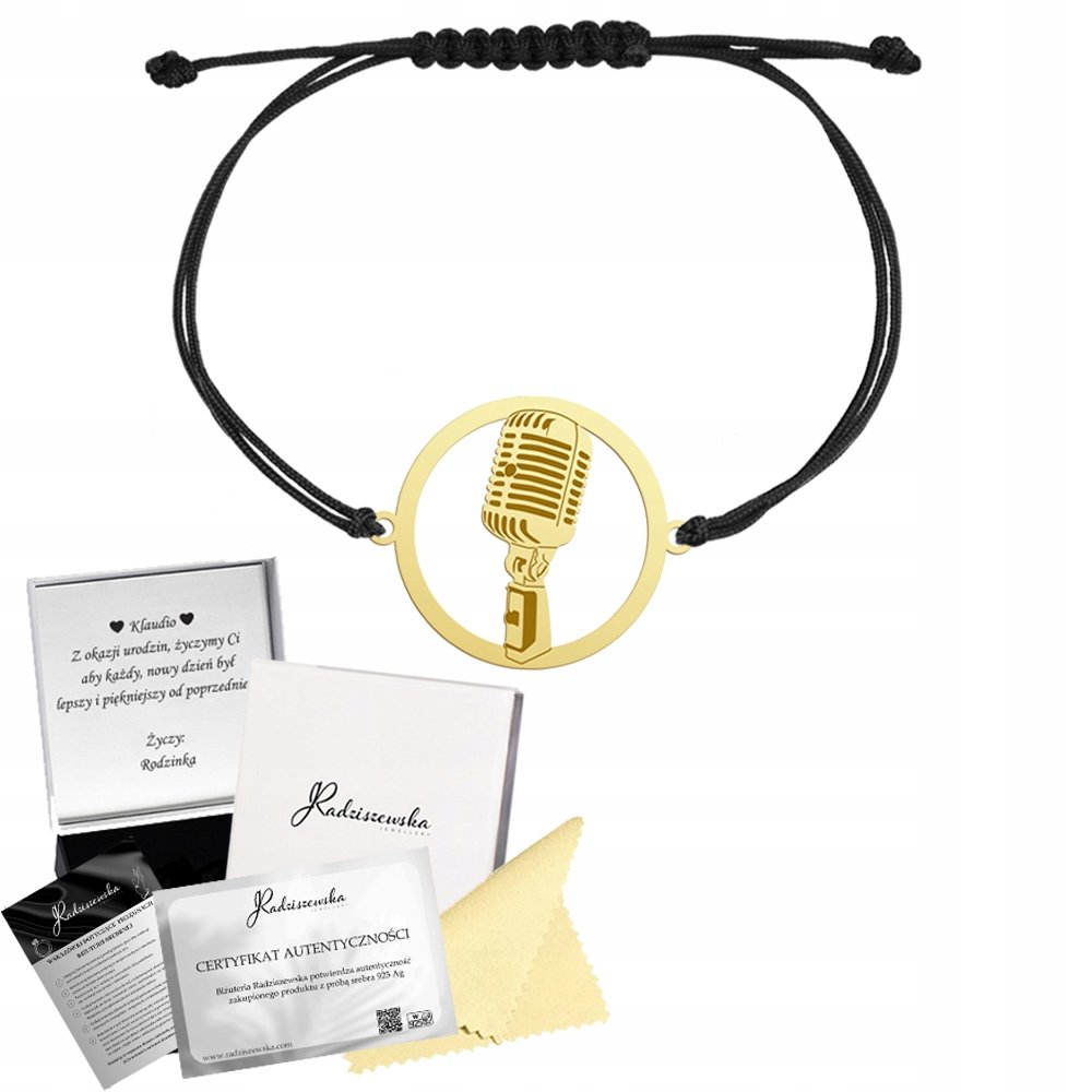 Bransoletka Złota MIKROFON Srebro 925 Grawer Sznurek Biżuteria Prezent