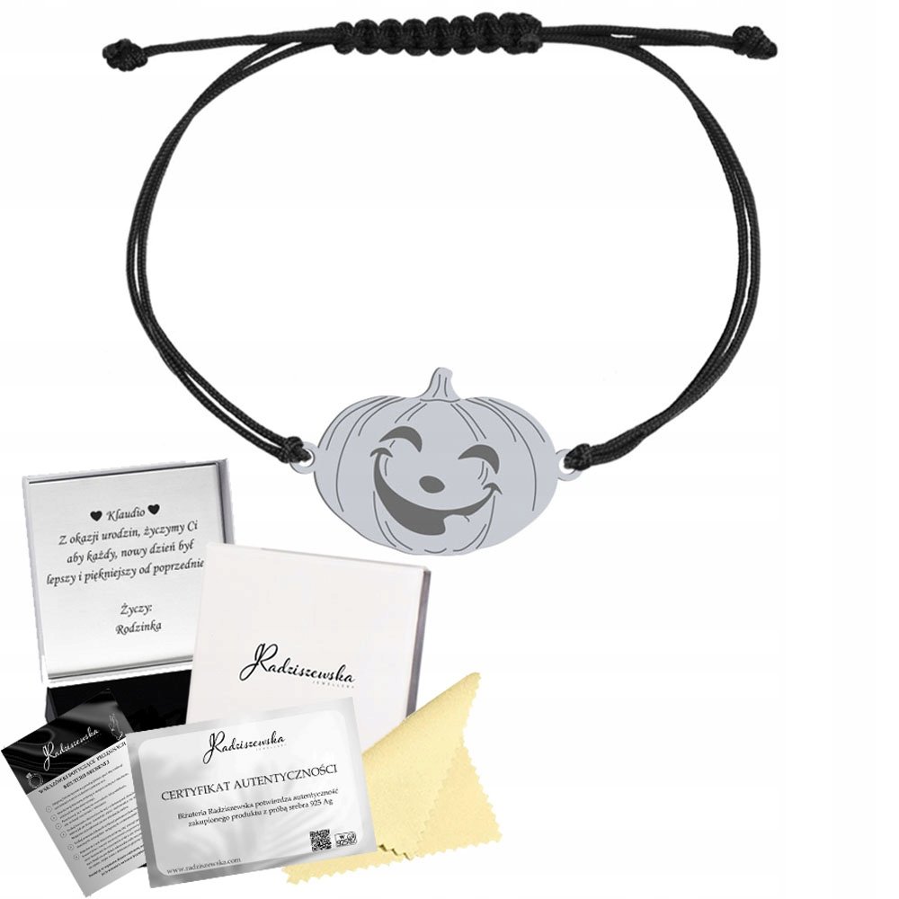 Bransoletka Srebrna Dynia Halloween 925 Sznurek Prezent GRAWER ŻYCZENIA