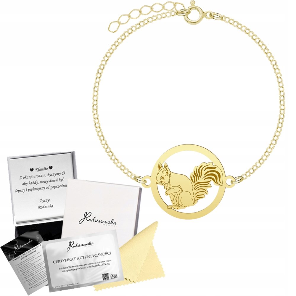 Bransoletka Złota z Wiewiórką Wiewiórka 925 Łańcuszek Prezent GRAWER GRATIS