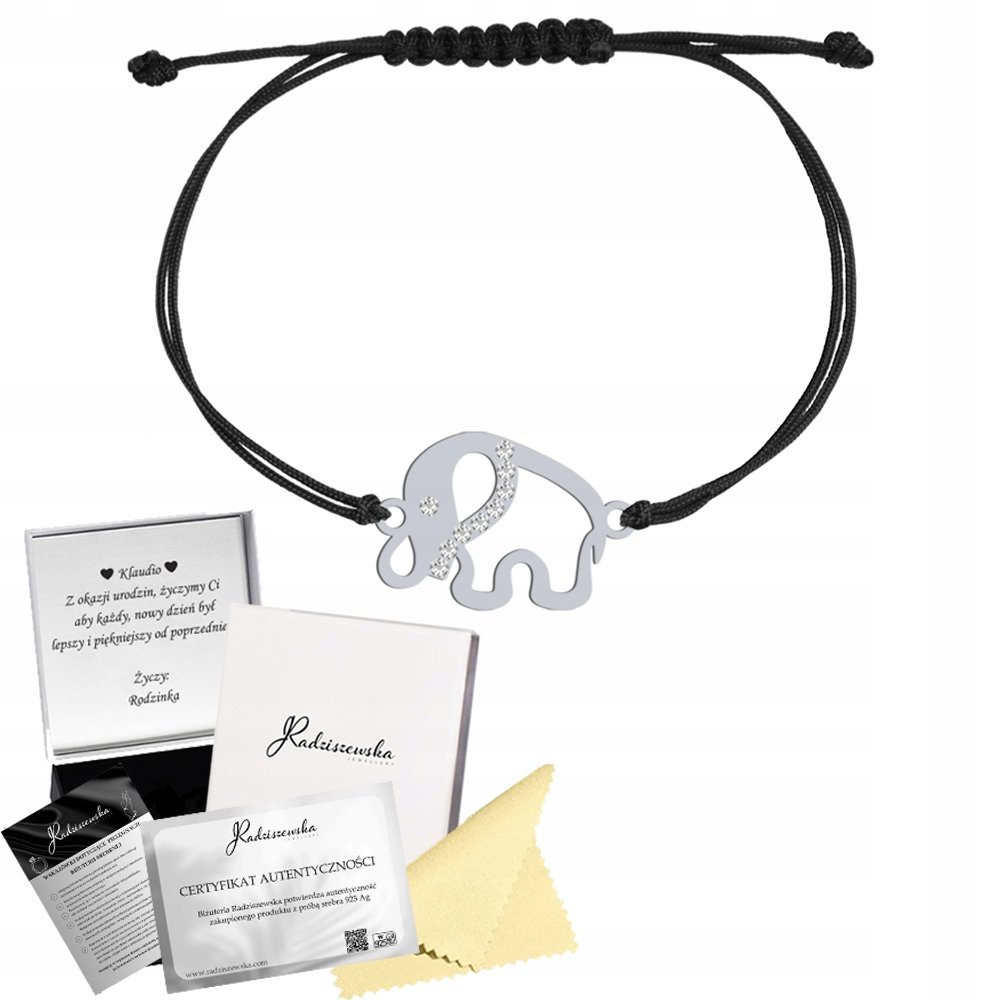 Bransoletka Srebrna SŁONIK NA SZCZĘŚCIE Sznurek Prezent DEDYKACJA GRATIS