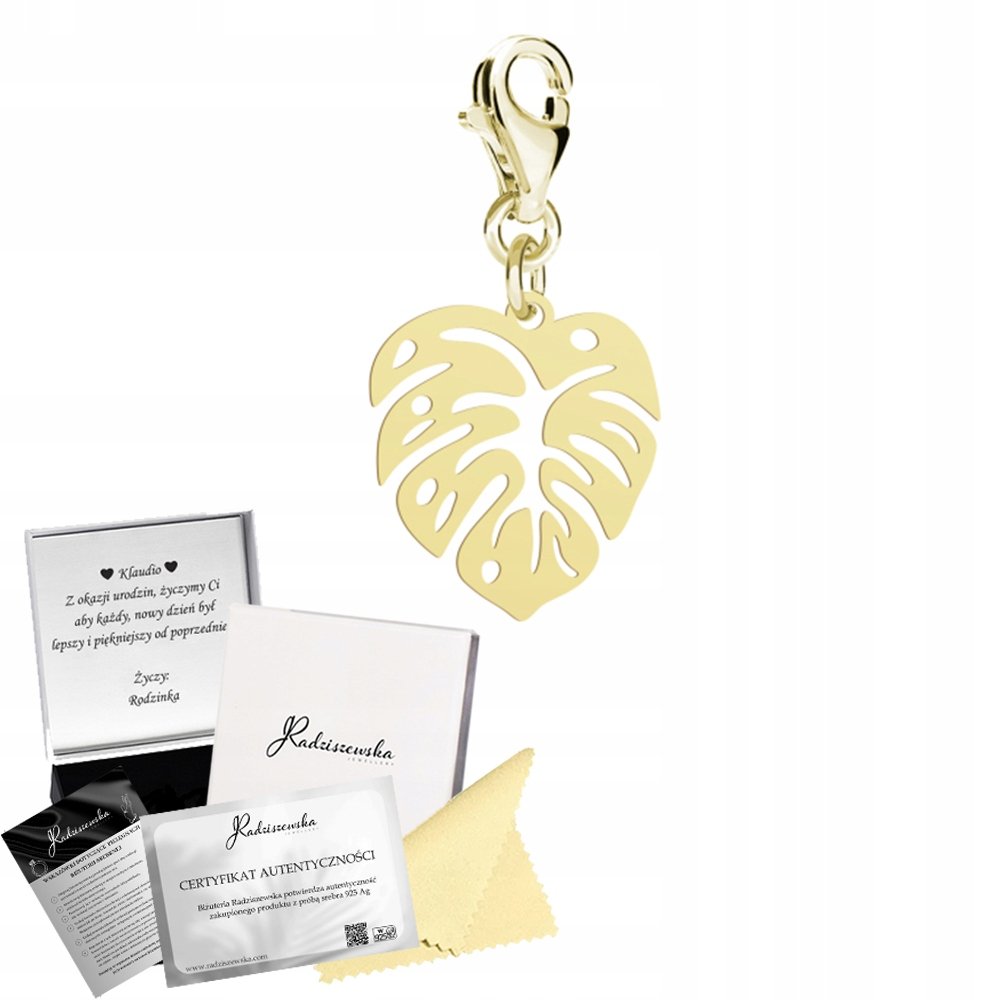 Charms Pozłacany Monstera Srebro 925 Prezent Kobieta Biżuteria ŻYCZENIA