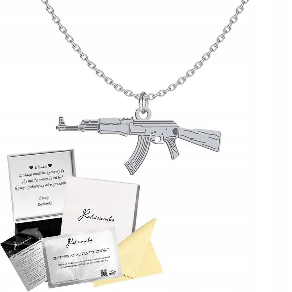 Naszyjnik SREBRNY Kałasznikow AK 47 Łańcuszek 925 Dedykacja Gratis Prezent