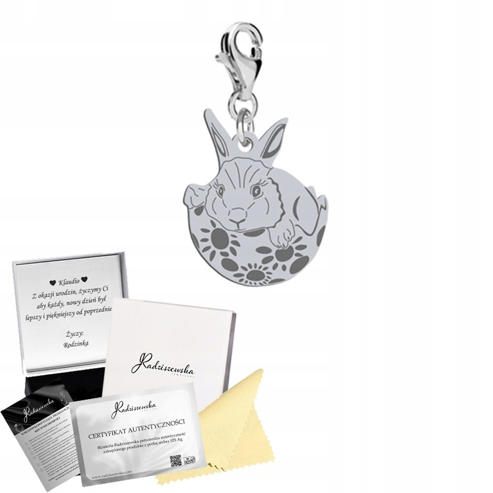 Charms Srebrny Zajączek Wielkanocny Prezent 925 Biżuteria ŻYCZENIA GRATIS