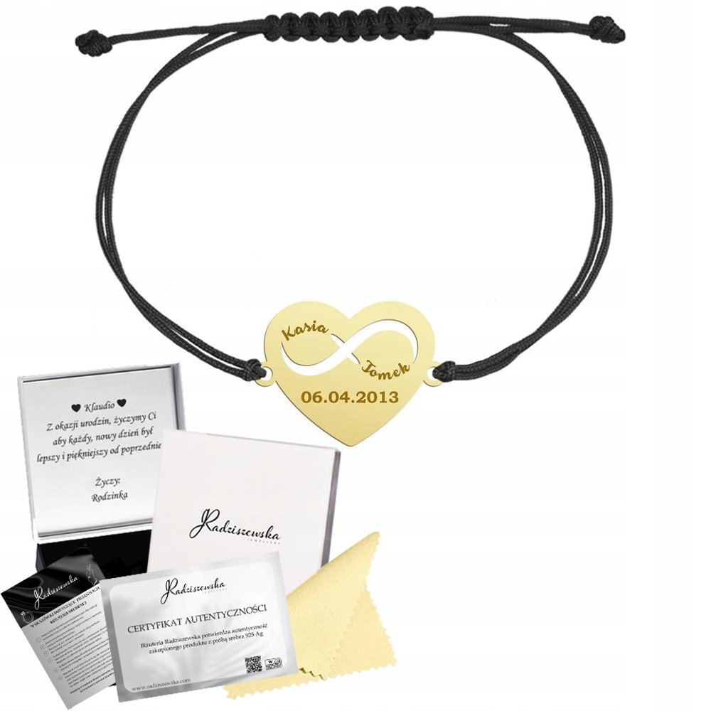Bransoletka Złota Serce Imiona Data 925 Sznurek Rocznica Prezent GRAWER