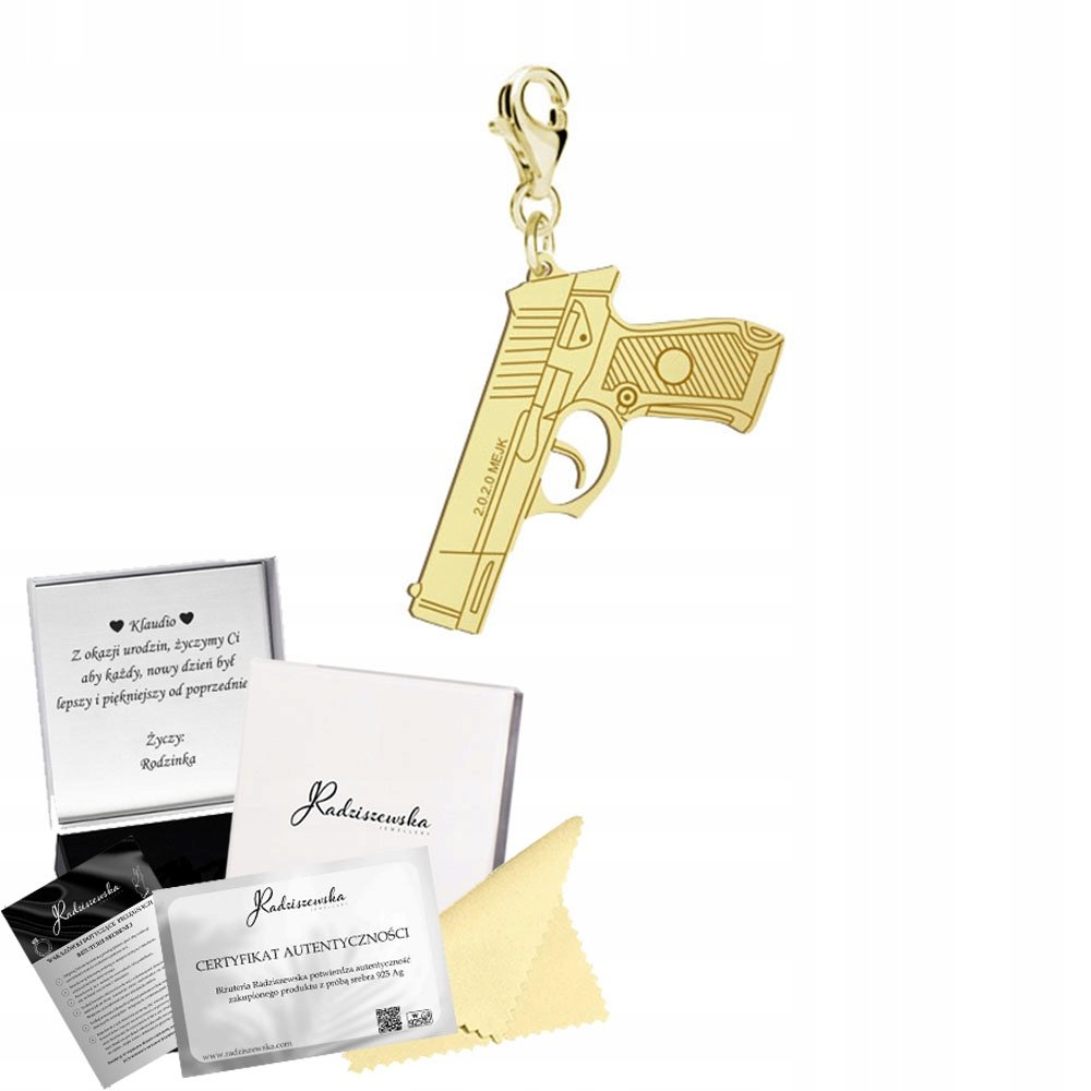 Charms Złoty PISTOLET Karabińczyk SREBRO 925 Prezent DEDYKACJA GRATIS