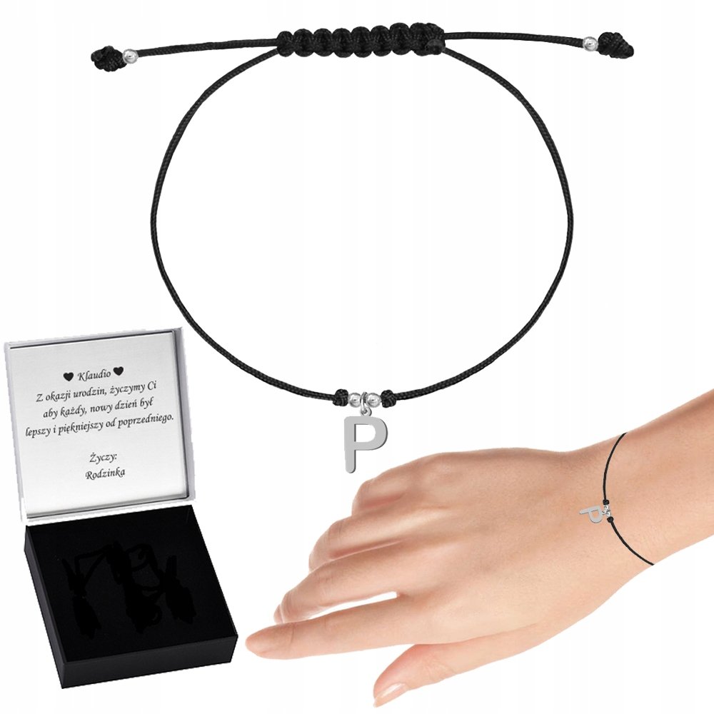 Bransoletka Srebrna Litera Inicjały Sznurek Prezent 925 Biżuteria DEDYKACJA