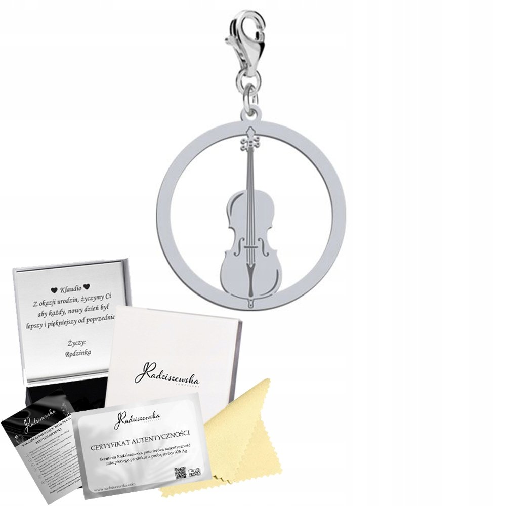 Charms Srebrny Wiolonczela Karabińczyk Srebro 925 Prezent DEDYKACJA GRATIS