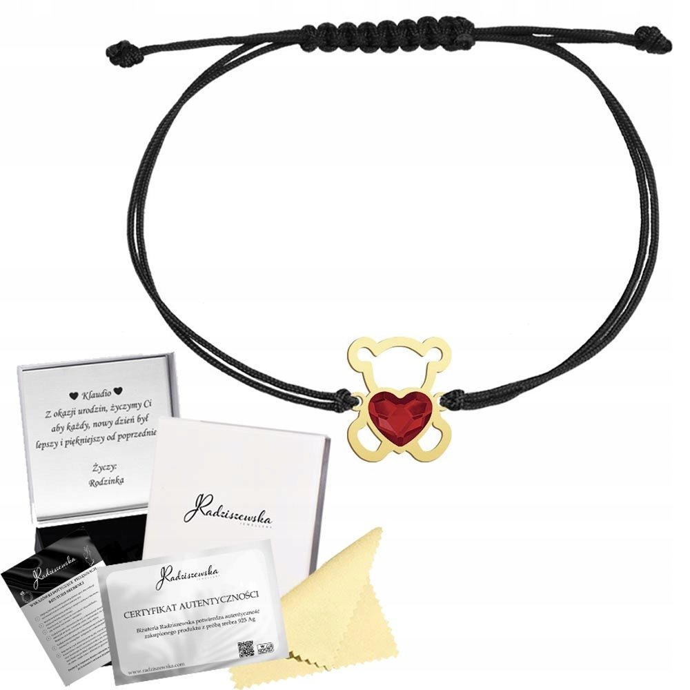 Bransoletka Złota z MISIEM Serce Kryształ SREBRO 925 DEDYKACJA GRATIS