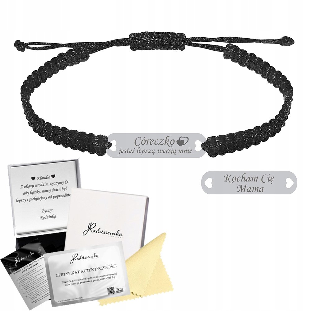 Bransoletka Srebrna dla Córki Blaszka Srebro 925 Grawer Makrama Prezent