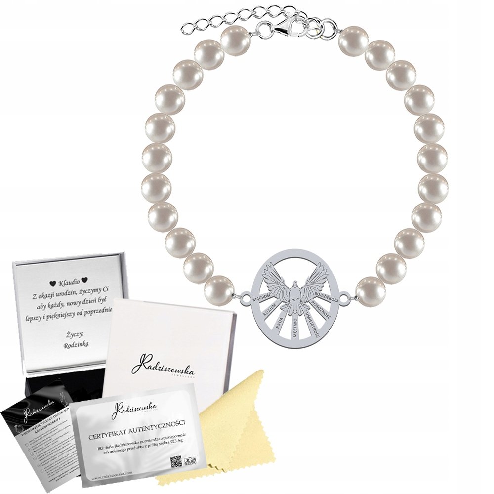 Bransoletka Srebrna na Bierzmowanie Duch Święty Perły 925 ŻYCZENIA GRATIS