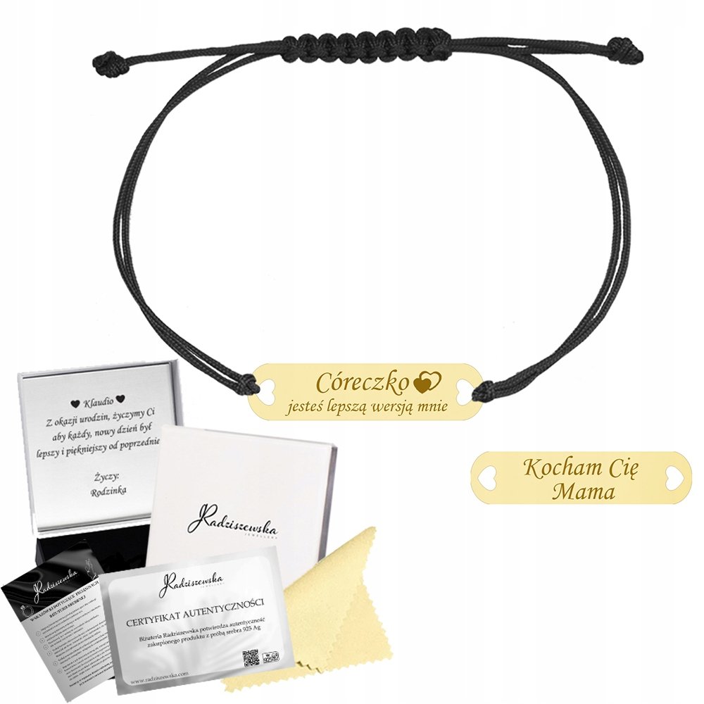 Bransoletka Złota dla Córki Blaszka Srebro 925 Grawer Sznurek Prezent