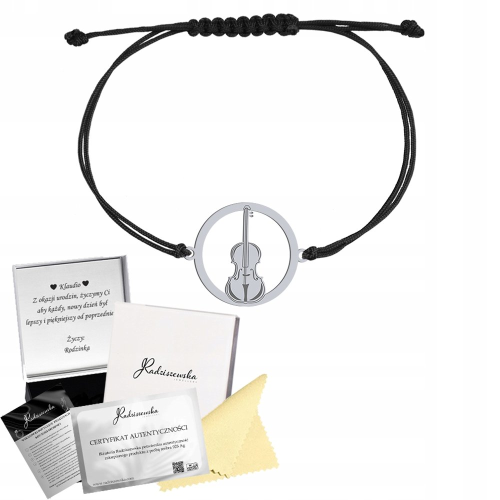 Bransoletka Srebrna Skrzypce 925 Sznurek Prezent GRAWER DEDYKACJA GRATIS