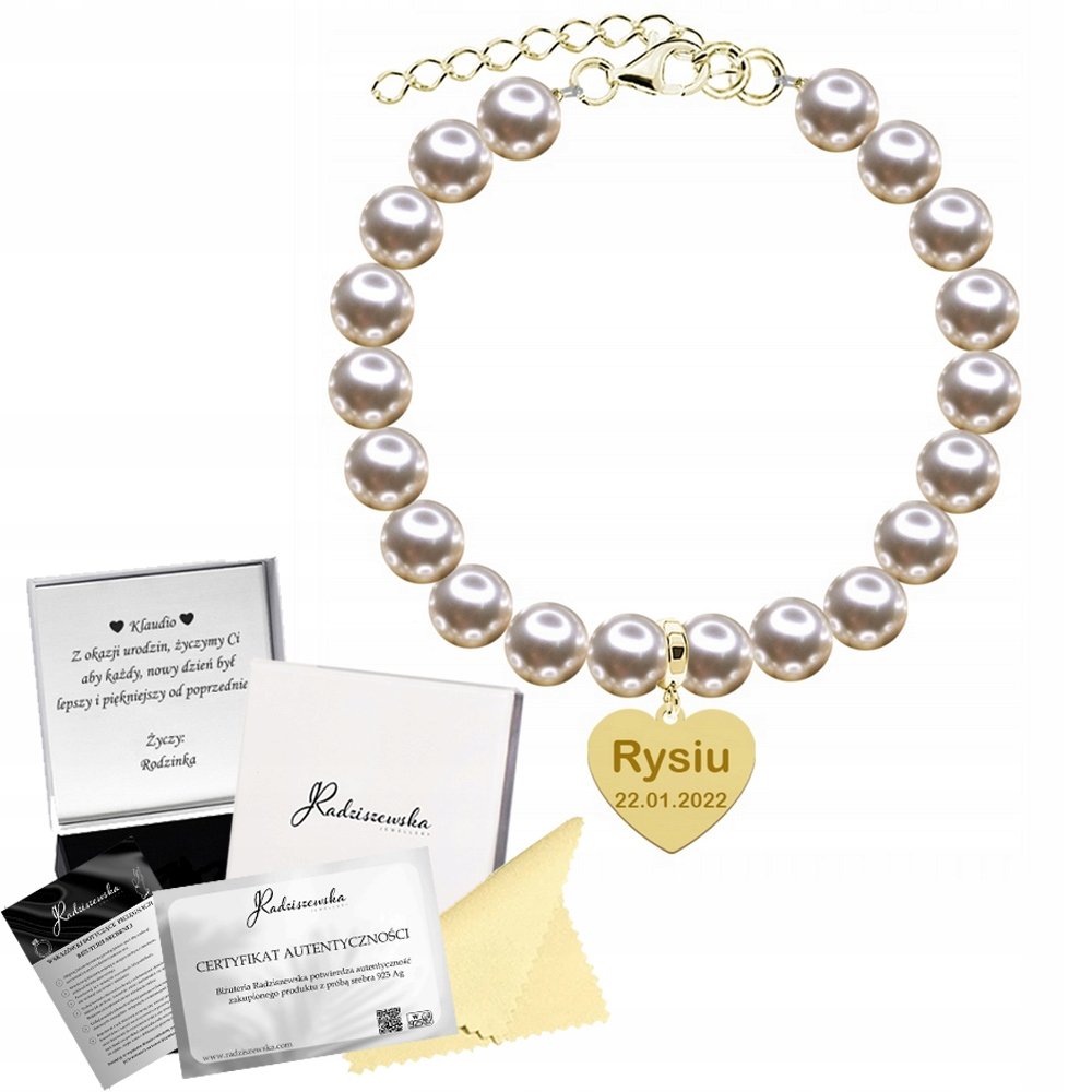 Bransoletka Złota z Zawieszką Perły 925 Prezent Dzień Matki Grawer Życzenia