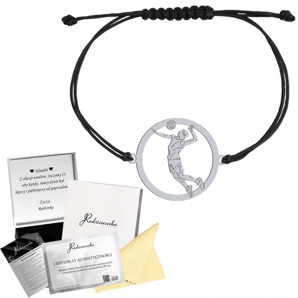 Bransoletka z Siatkarzem Siatkówka na sznurku 925 GRAWER DEDYKACJA GRATIS