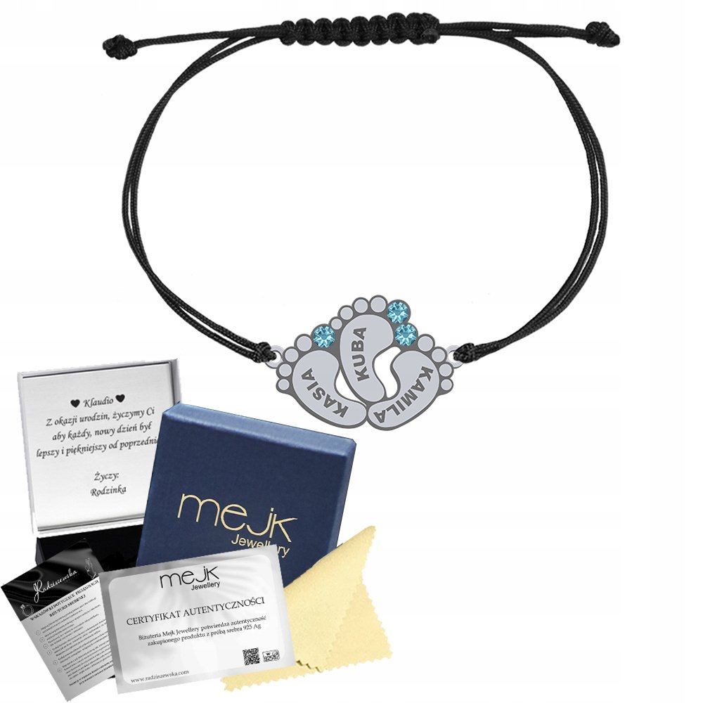 Bransoletka Srebrna ze Stópkami Imię Dziecka Sznurek Dzień Matki GRAWER