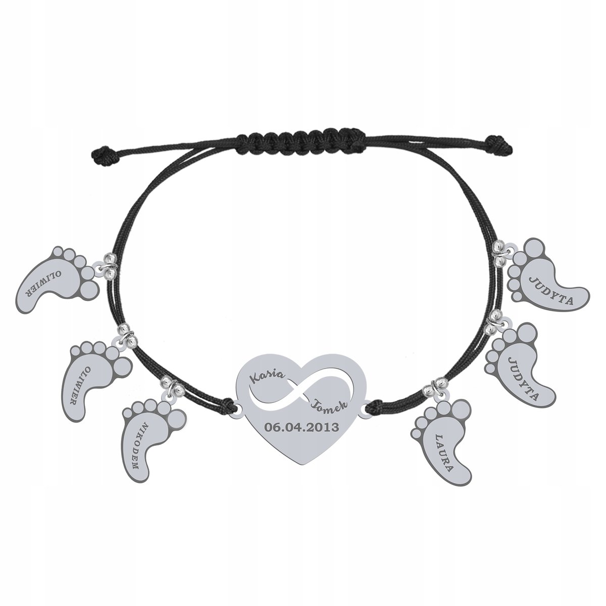 Bransoletka Srebrna Stópki Serce z Grawerem Imię Dziecka Dzień Matki 925