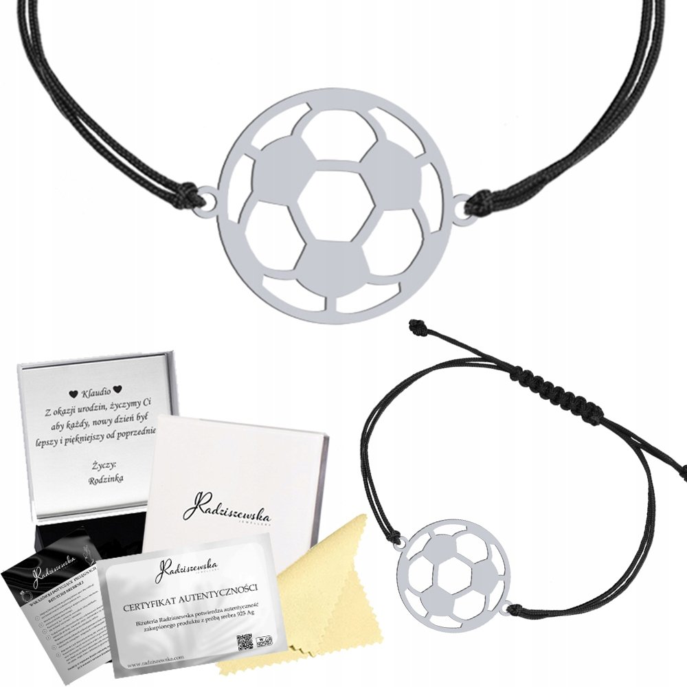 Bransoletka Srebrna Piłka Nożna Sznurek Srebro 925 Prezent ŻYCZENIA GRATIS