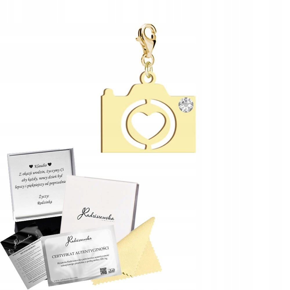 Charms Złoty z Aparatem Fotograficznym SREBRO 925 Prezent DEDYKACJA GRATIS