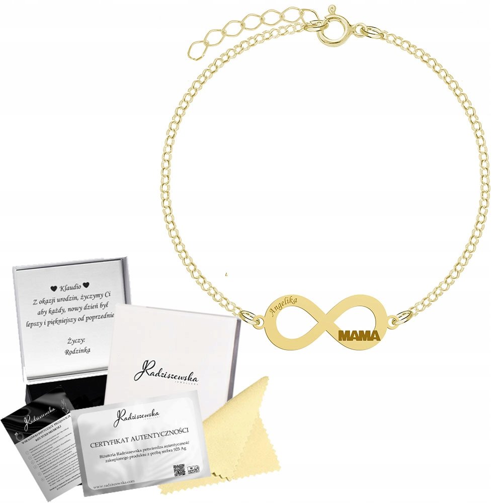 Bransoletka Złota dla Mamy Nieskończoność Srebro 925 Grawer Gratis Prezent