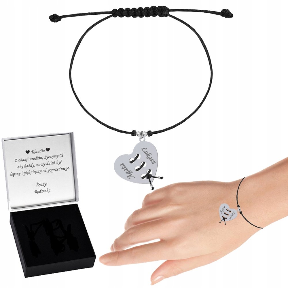 Bransoletka Srebrna Serce Wiązane Sznurek Dzień Kobiet Prezent GRAWER