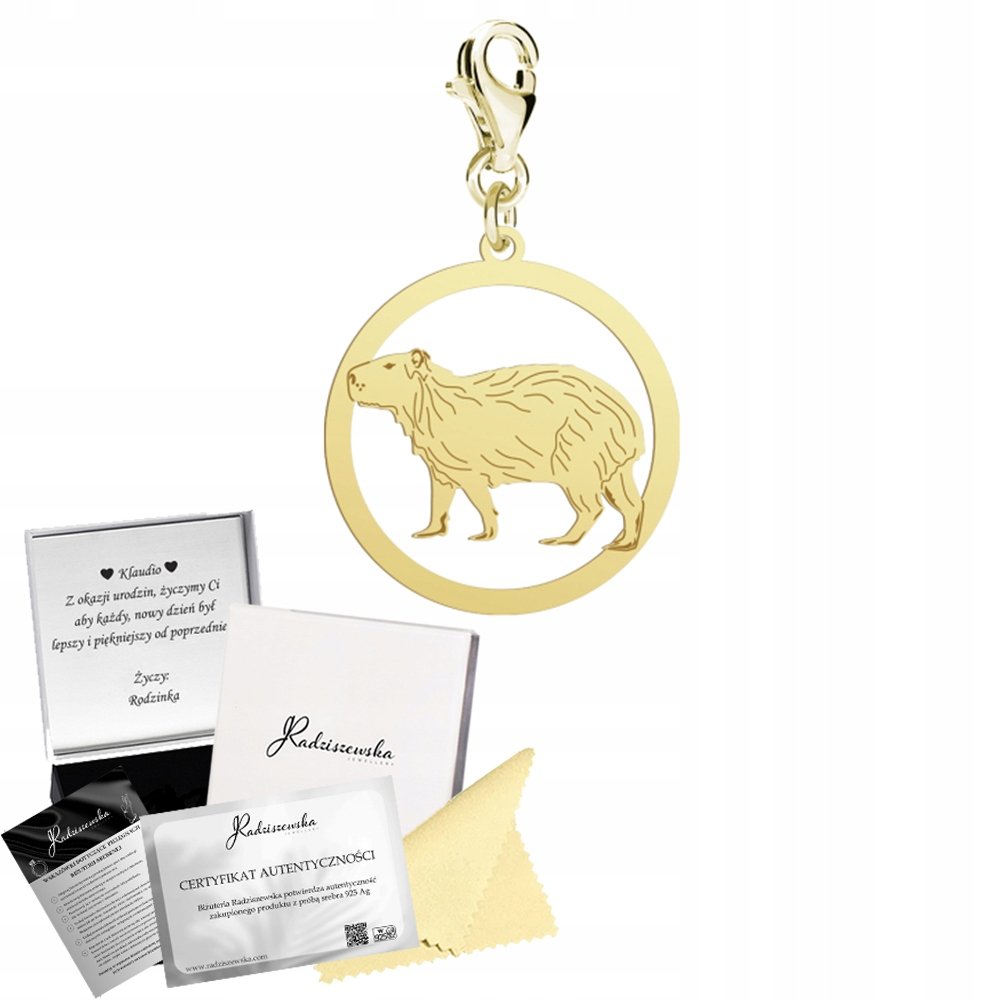 Charms Złoty z Kapibarą Prezent Biżuteria Zawieszka 925 ŻYCZENIA GRATIS