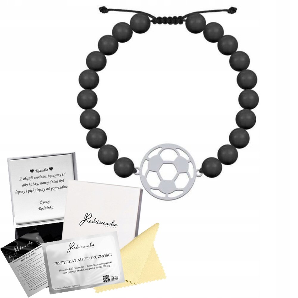 Bransoleta Męska Piłka Nożna Srebro 925 Perły Prezent DEDYKACJA GRATIS