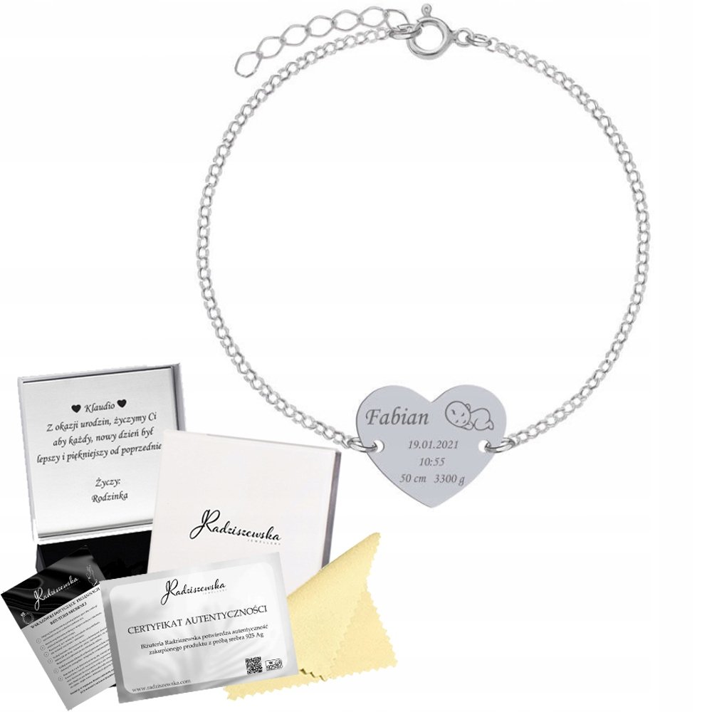 Bransoletka Srebrna Imię Dziecka Serce Metryczka 925 Prezent GRAWER GRATIS