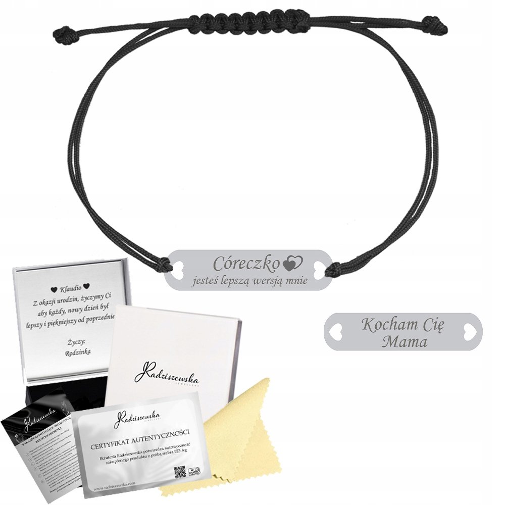 Bransoletka Srebrna dla Córki Blaszka Srebro 925 Grawer Sznurek Prezent