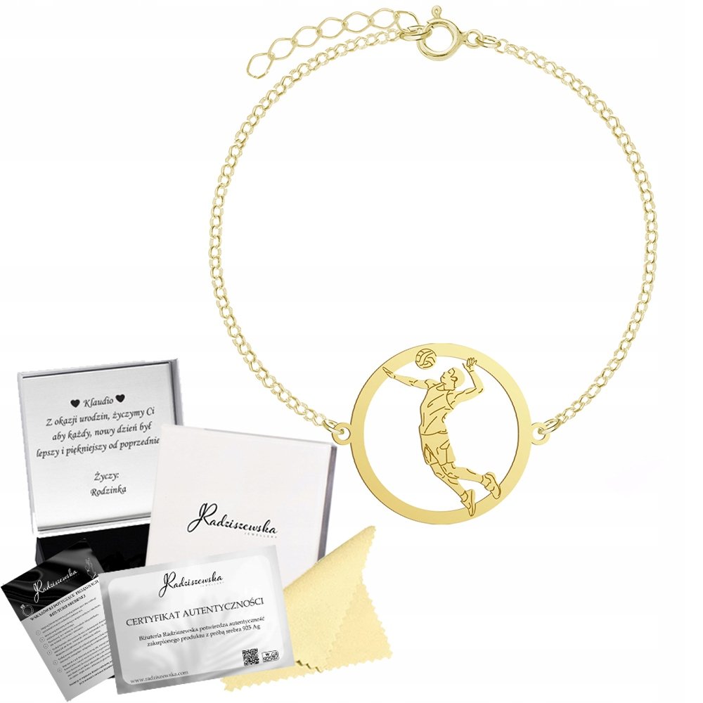 Złota Bransoletka Siatkarz Siatkówka SREBRO 925 Łańcuszek GRAWER GRATIS