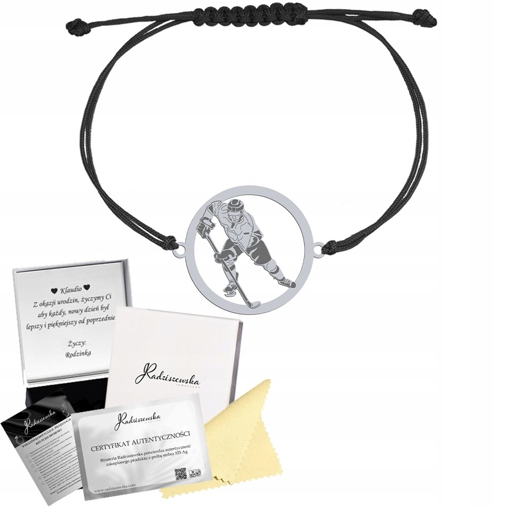 Bransoletka Srebrna HOKEISTA HOKEJ 925 Sznurek Prezent GRAWER GRATIS