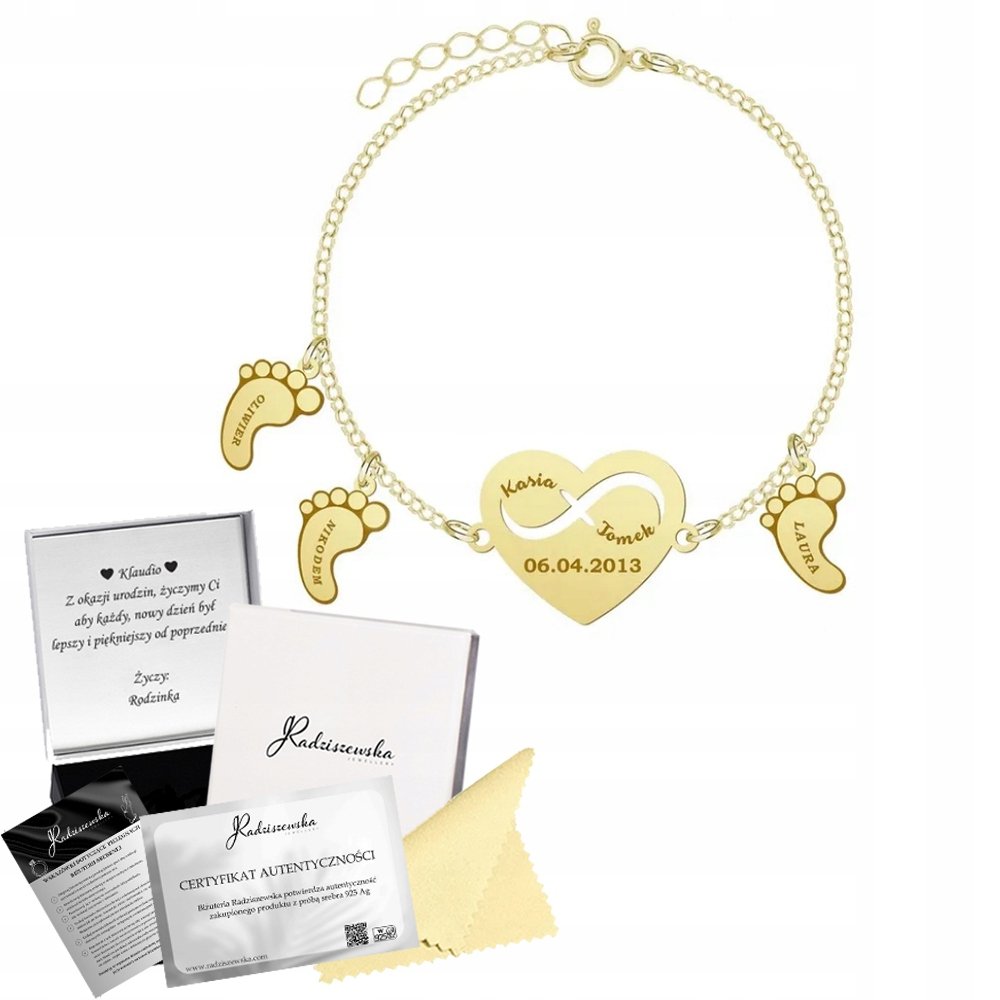 Bransoletka Złota Stópki Serce Imię Dziecka SREBRO 925 Prezent GRAWER