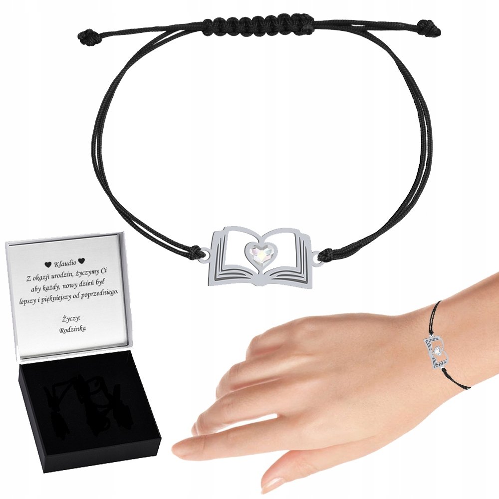 Bransoletka Srebrna Książka 925 Sznurek Biżuteria Prezent ŻYCZENIA GRATIS