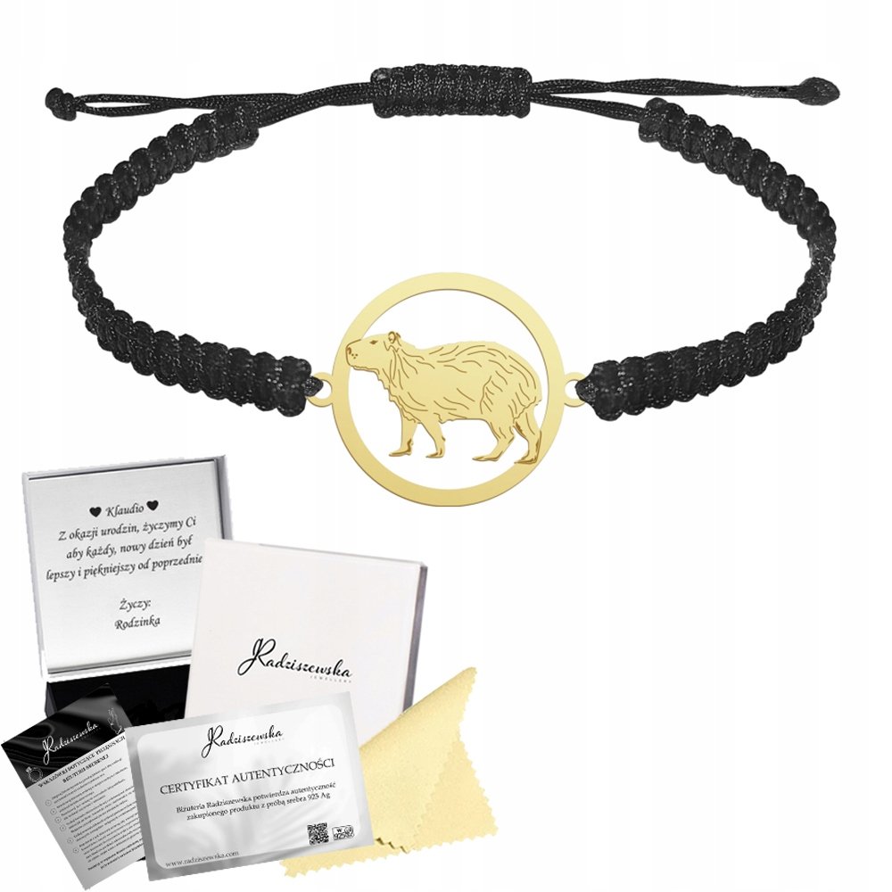 Bransoletka Złota z KAPIBARĄ Makrama Prezent SREBRO 925 GRAWER GRATIS