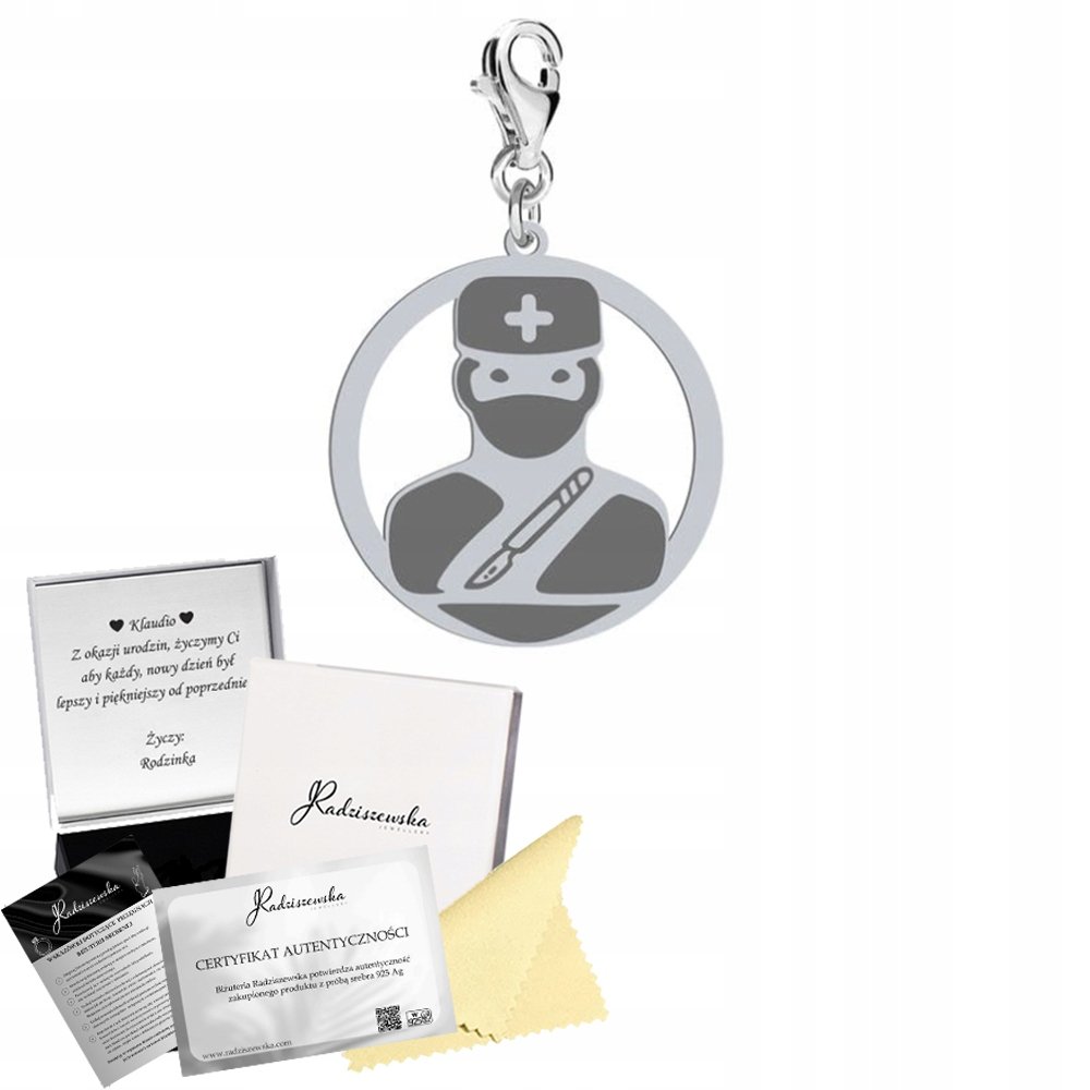 Charms Srebrny z Chirurgiem Służba Zdrowia Prezent Kobieta ŻYCZENIA GRATIS