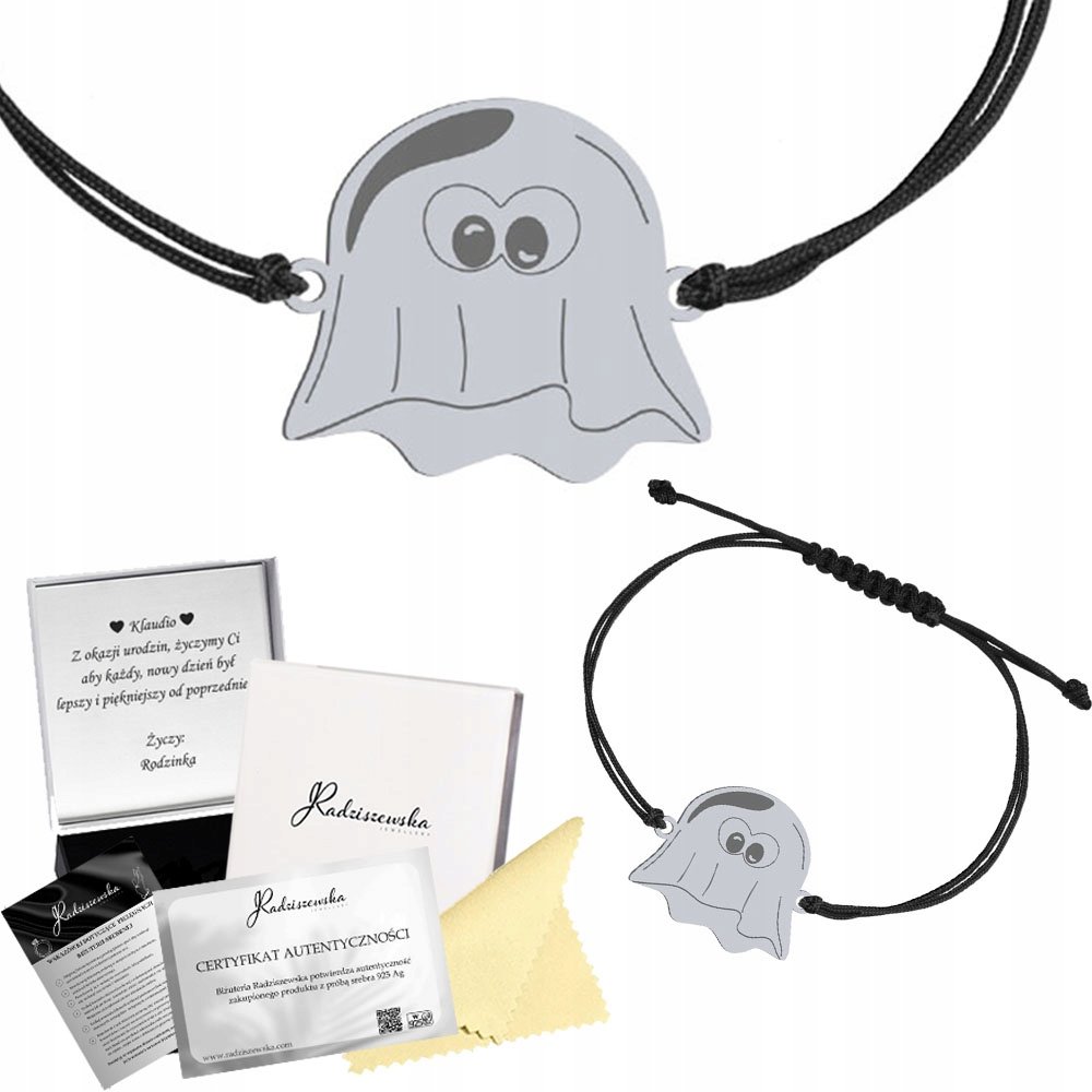 Bransoletka Srebrna Duszek Halloween 925 Sznurek Prezent GRAWER ŻYCZENIA
