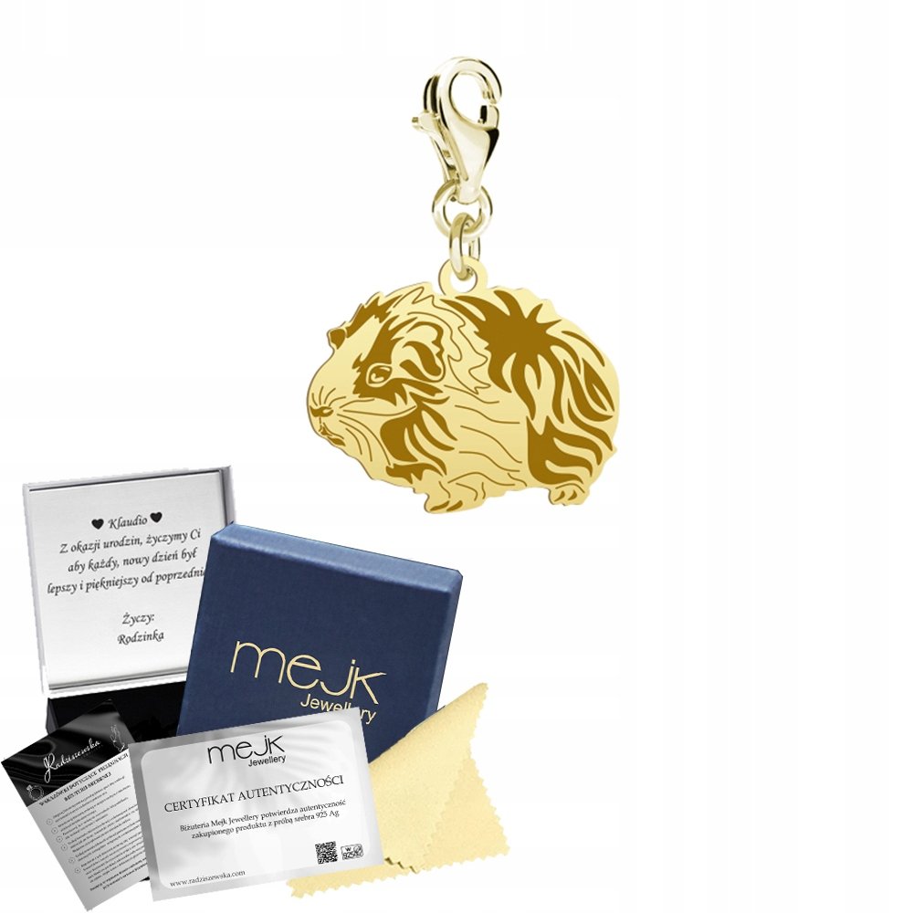 Charms Złoty ze Świnką Morską SREBRO 925 Prezent Kobieta ŻYCZENIA GRATIS