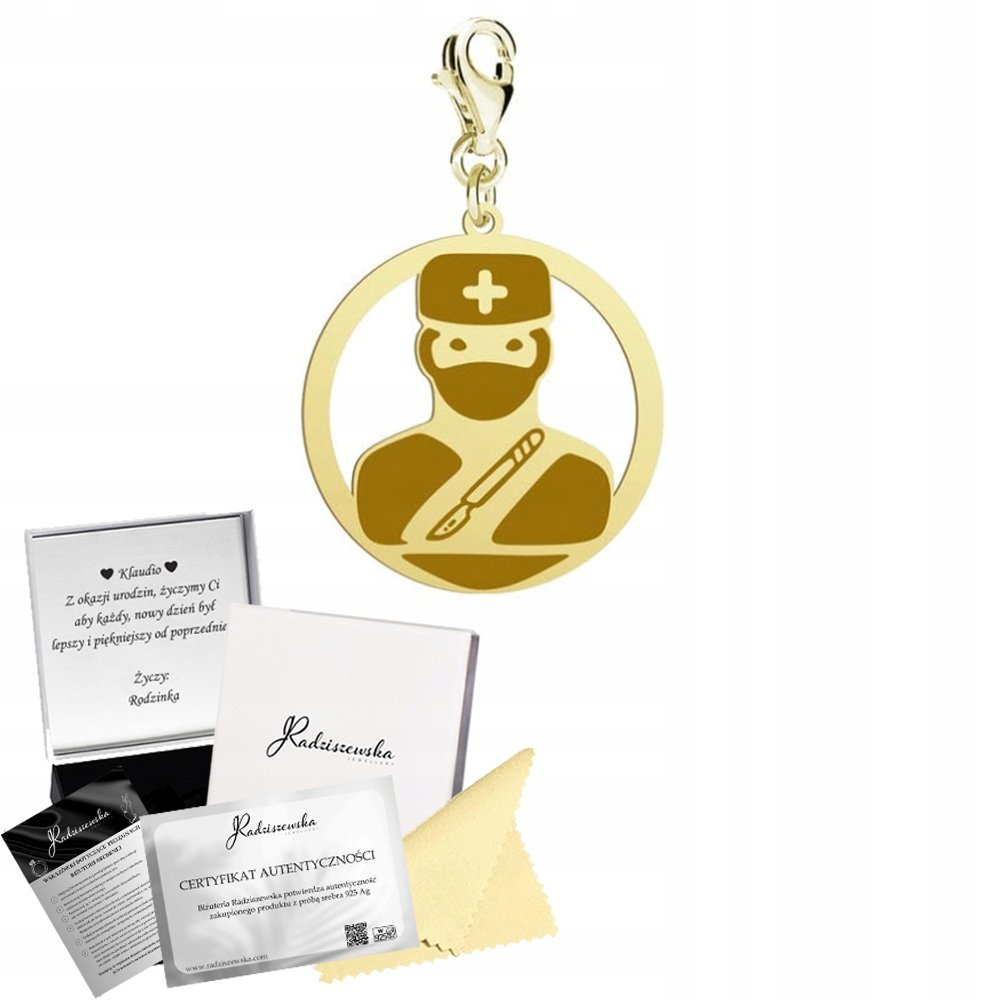 Charms Złoty z Chirurgiem Służba Zdrowia Prezent Kobieta ŻYCZENIA GRATIS