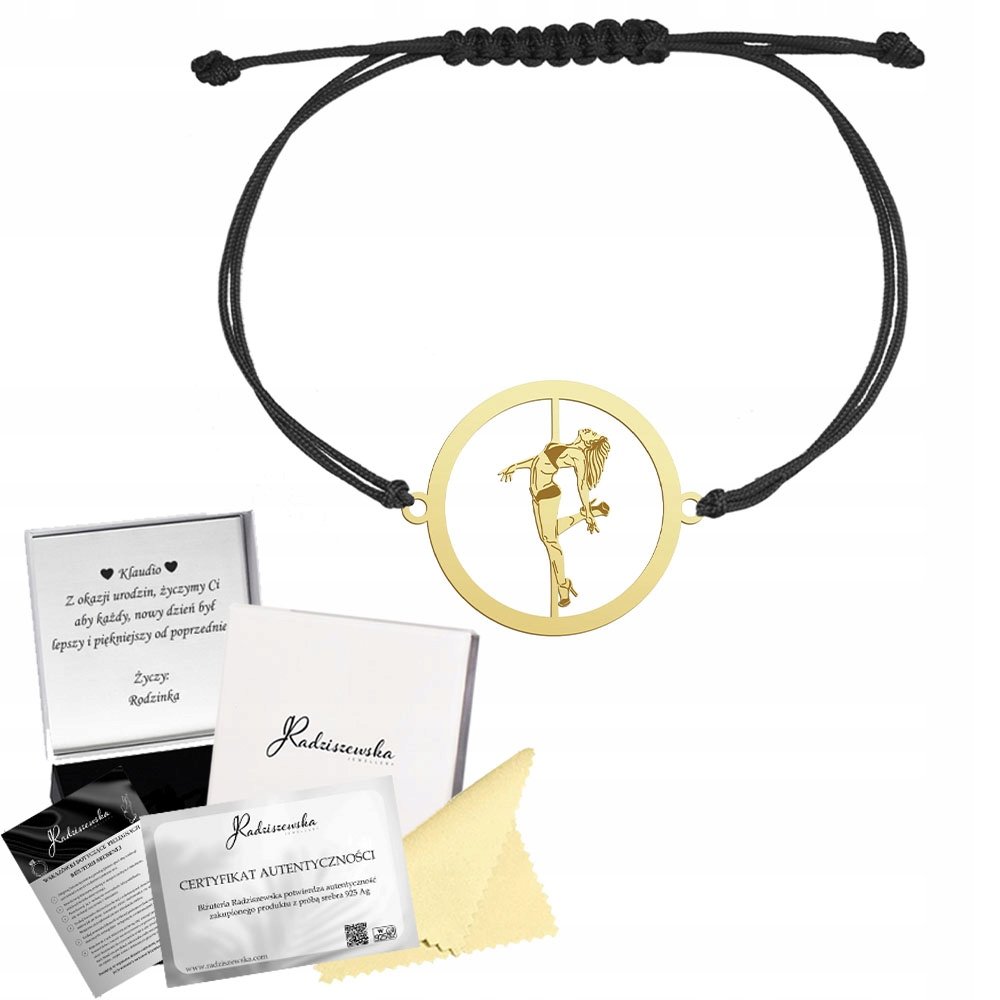 Bransoletka Złota Pole Dance Srebro 925 Grawer Sznurek Biżuteria Prezent