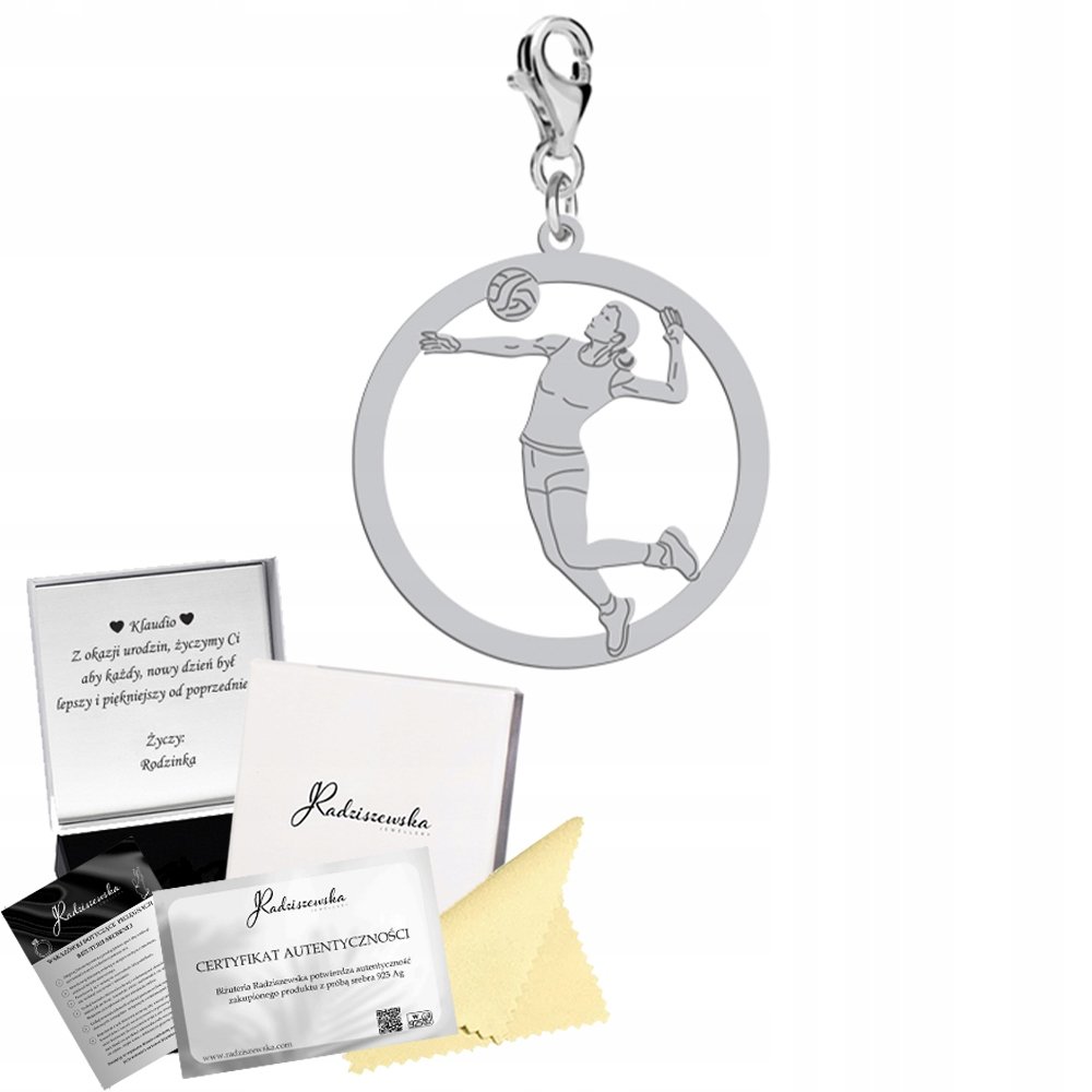 Charms Srebrny Siatkówka Damska Karabińczyk Prezent DEDYKACJA GRATIS