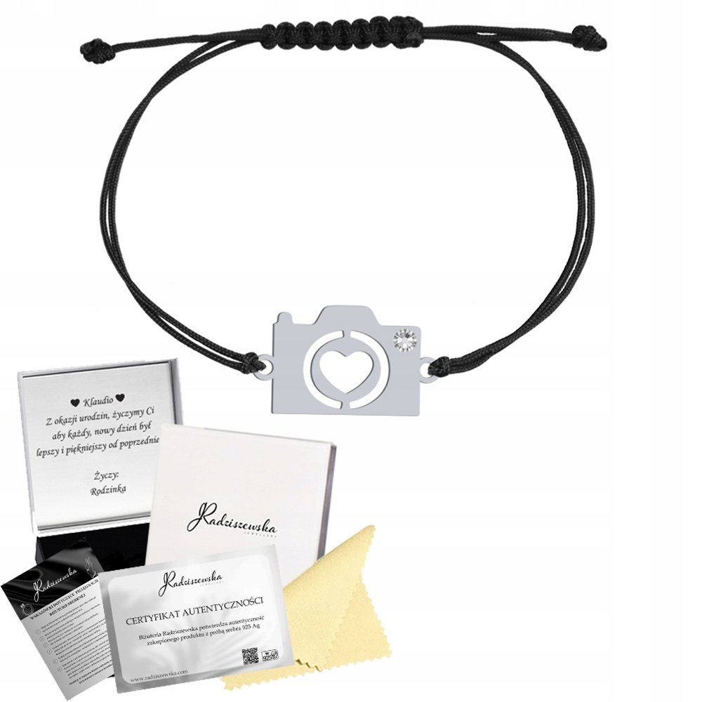 Bransoletka Aparat Fotograficzny Sznurek SREBRO 925 Prezent DEDYKACJA GRATI