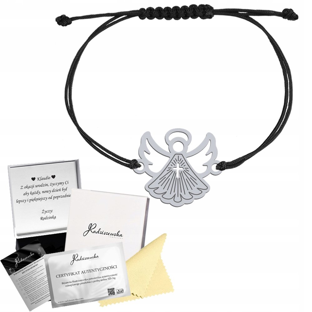 Bransoletka z Aniołem na Komunię SREBRO 925 Prezent Sznurek GRAWER GRATIS