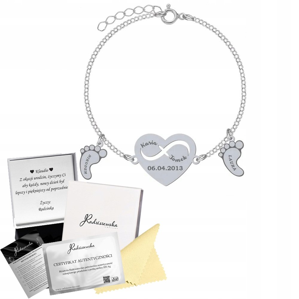 BRANSOLETKA SREBRNA DLA MAMY SERCE STÓPKI Z GRAWEREM PREZENT ŻYCZENIA 925