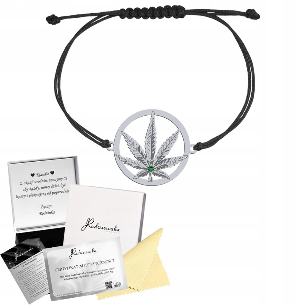 Bransoletka Srebrna MARIHUANA Liść Konopi Sznurek Prezent 925 GRAWER GRATIS