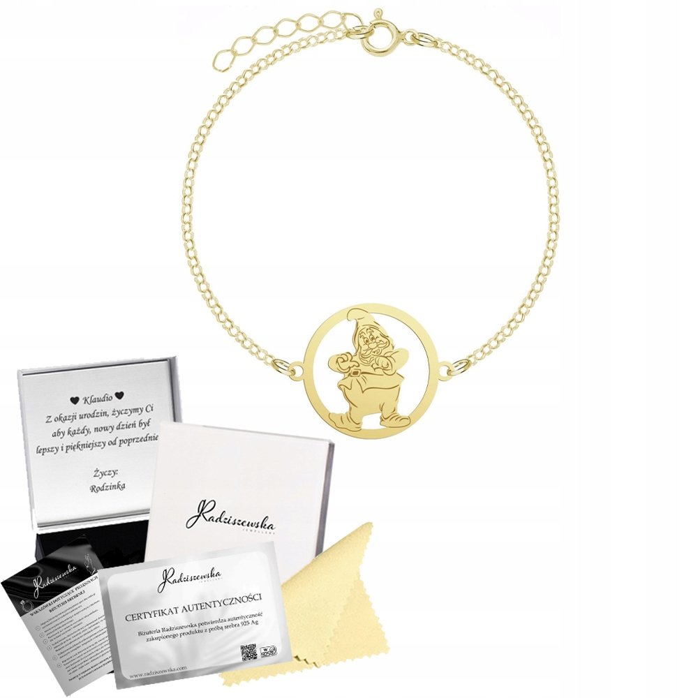 Bransoletka Pozłacana Krasnal Łańcuszek Biżuteria Prezent 925 GRAWER GRATIS
