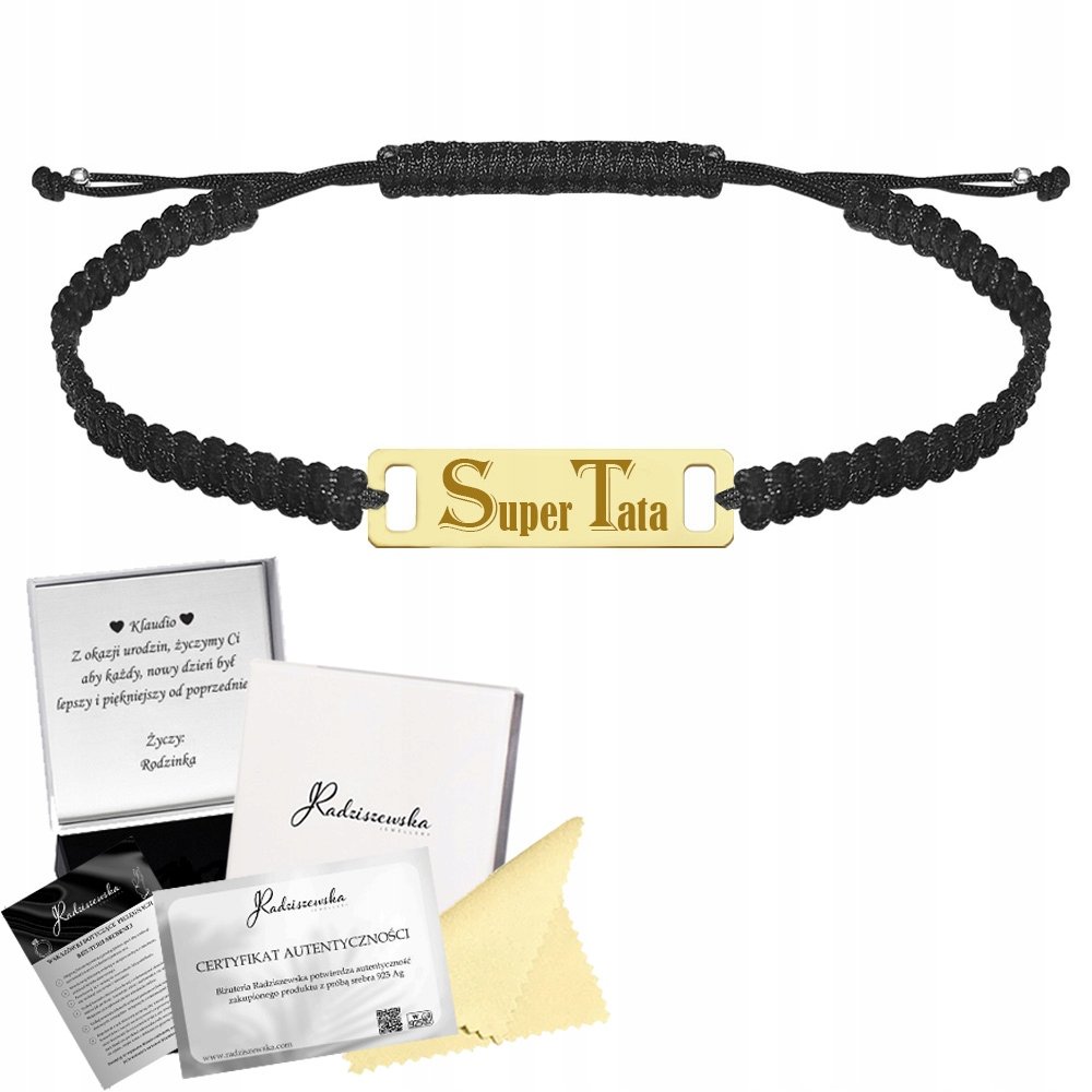 Złota Bransoleta Super Tata Blaszka z Grawerem SREBRO 925 Sznurek Prezent