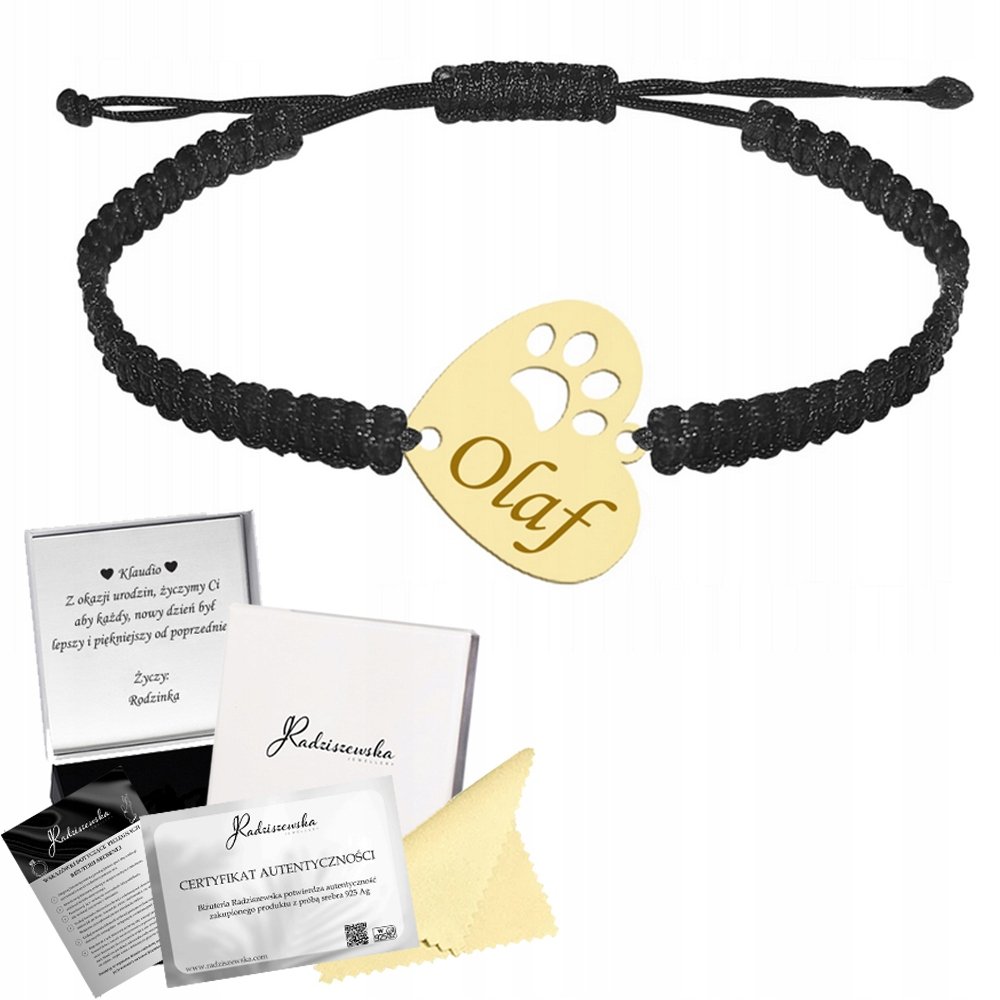 Bransoletka Złot ŁAPKA PSA KOTA Imię Pupila Serce Sznurek 925 GRAWER