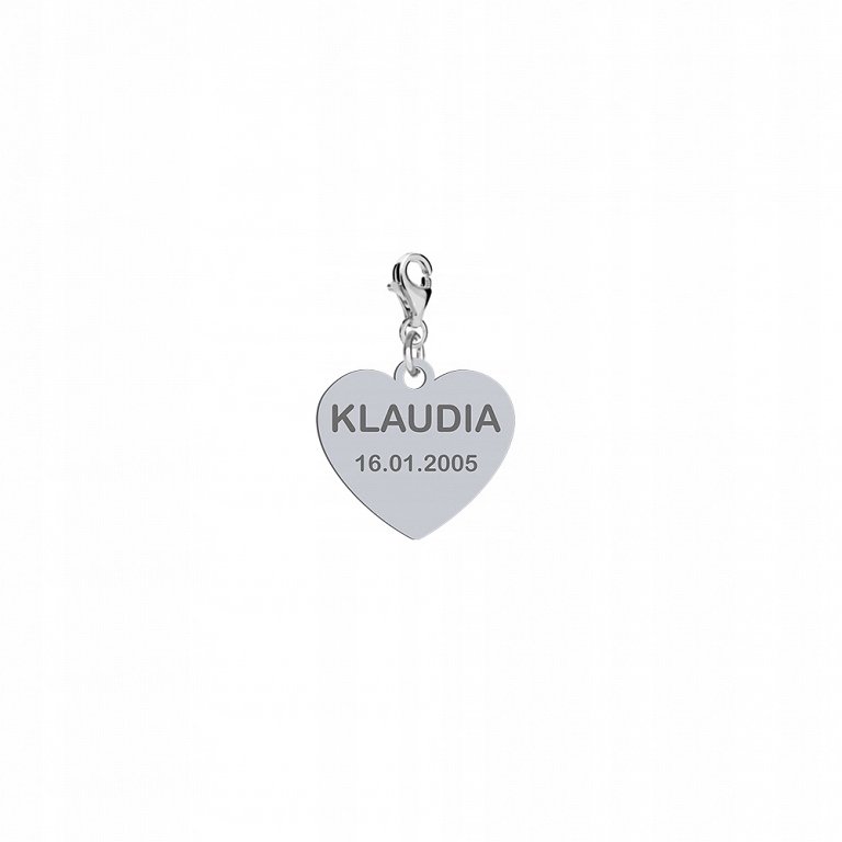Charms Srebrny Serce Imię Data Prezent na Dzień Kobiet 925 GRAWER ŻYCZENIA
