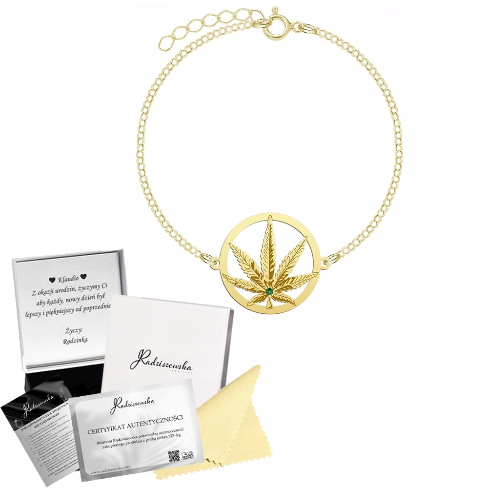 Bransoletka Złota MARIHUANA LIŚĆ KONOPI Łańcuszek GRAWER Prezent Biżuteria